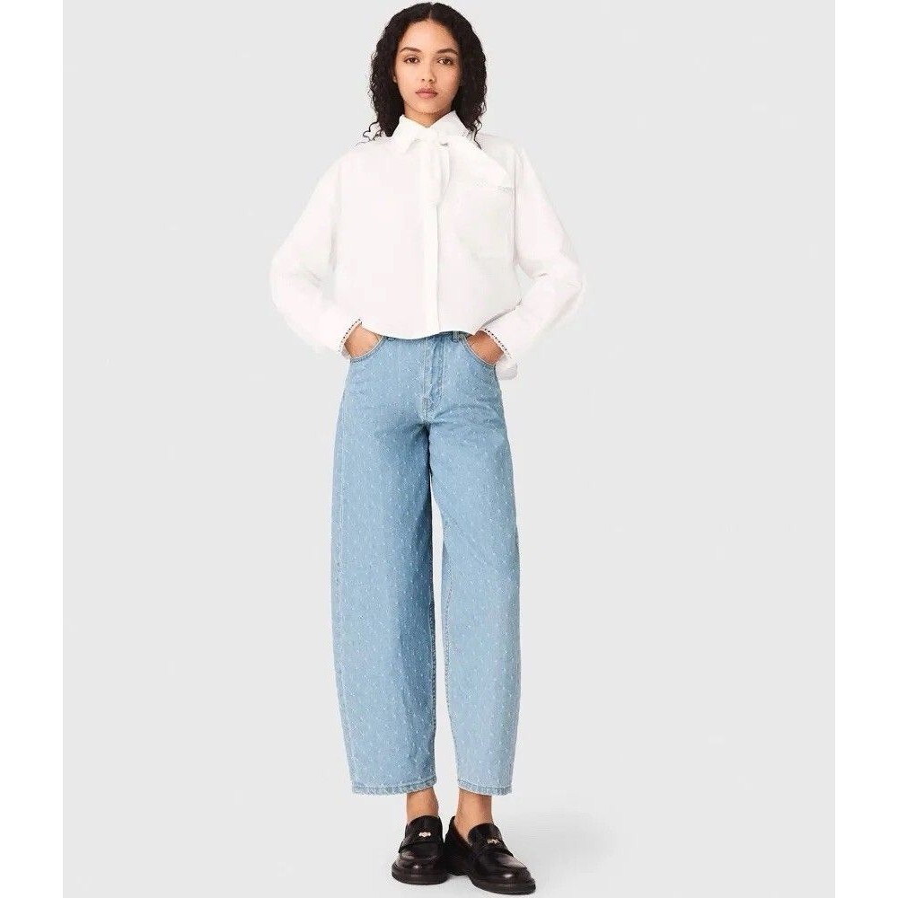 Maje Textured Balloon Jeans Size 42 US 10 Blue Sky Jacquard Denim